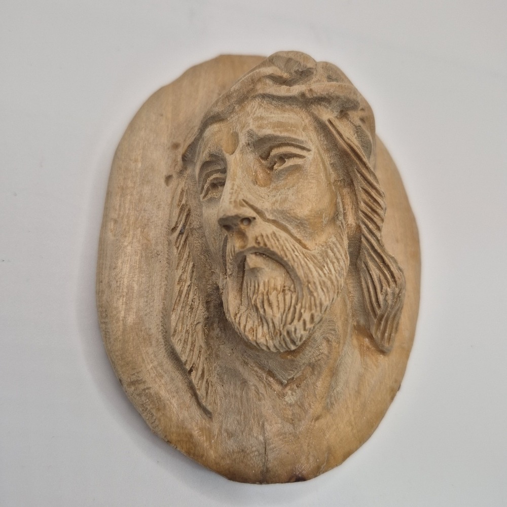 Vintage Hand Carved Wood Jesus Christ Plaque Crown of Thorns Religious